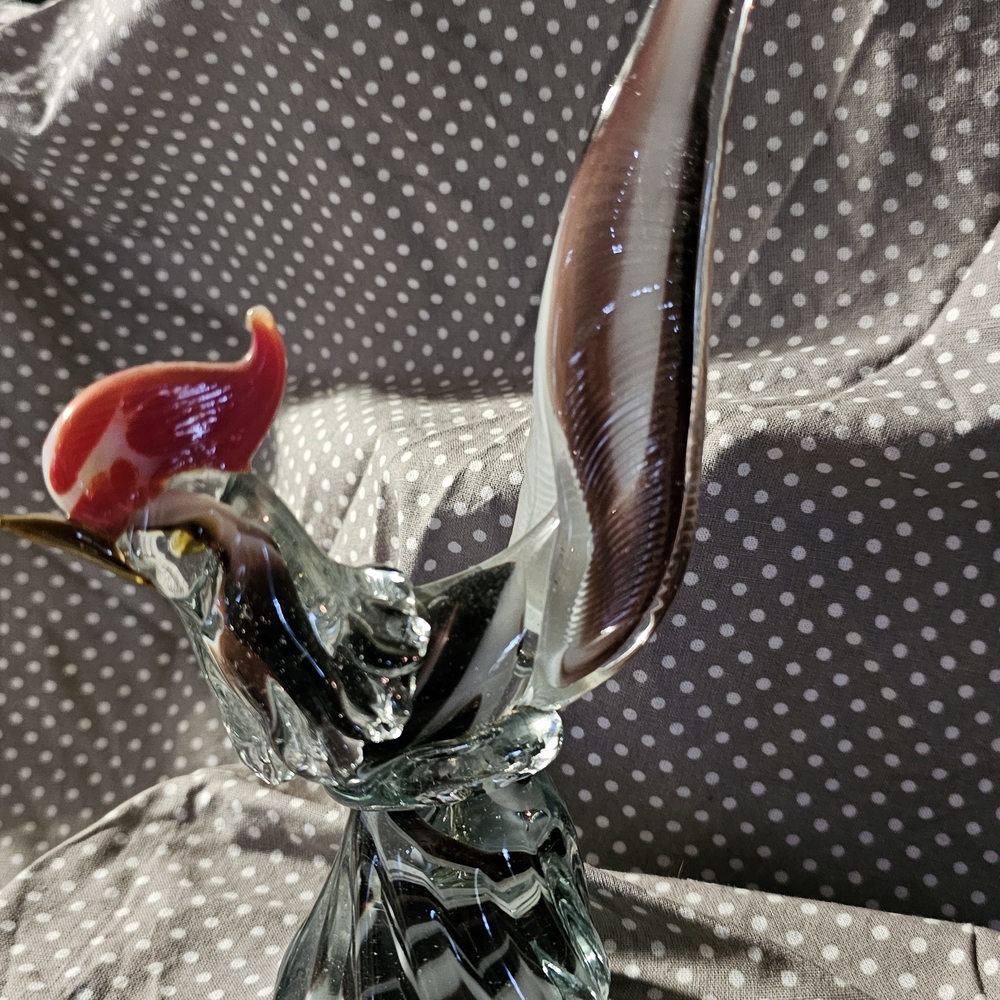 Handblown Glass Rooster Figurine - Red Crest, Clear Body - Unbranded